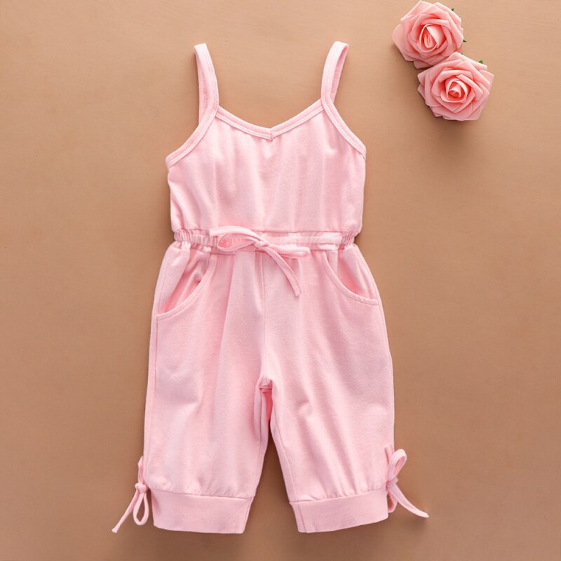 One-piece Solid Color Sleeveless Jumpsuit For Little Girls Jumpsuit T-shirt Bib Shorts 2-7 Years Old: Pink / 90