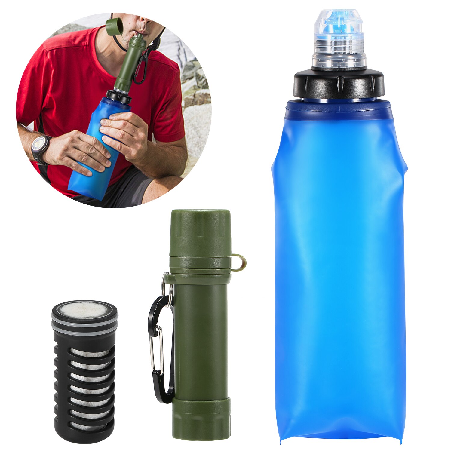 600ml Soft TPU Collapsible Water Filter Bottle with Water Filter Straw BPA Free Outdoor Filtered Water Bag for Camping Cycling