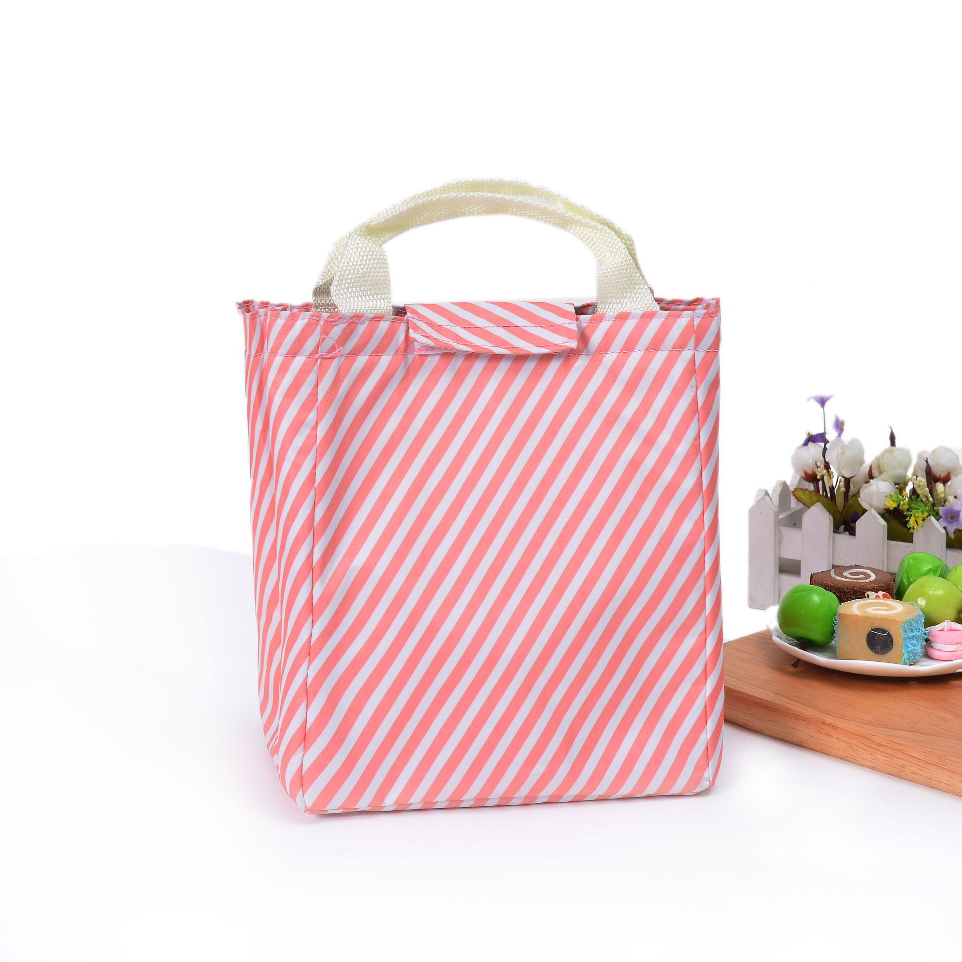 Tyk hånd bento frokostpose koldisolering isoleret taske udendørs picnic isoleret friskhed madpose: Lyserøde striber