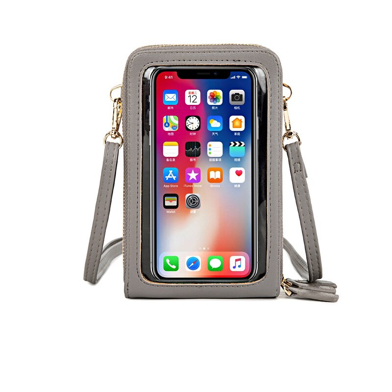 Transparent Touchable Cell Phone Pocket Women's Shoulder Bag Pu Leather Ladies Crossbody Bags Female Small Handbag Purse: Gray