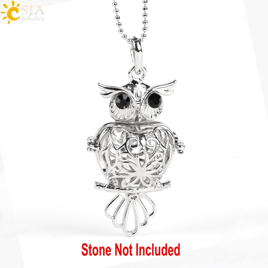 CSJA Women DIY Making Jewellery No Stone Copper Ball Owl Egg Hollow Cage Charms Slide Locket Pendant Necklace Birthday E504: Owl Shape No Stone