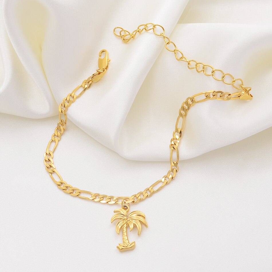 Anniyo Coconut Tree Anklets Gold Color Jewelry Plant Charm Palm Foot Chains for Women Mom Wedding and Party #214806