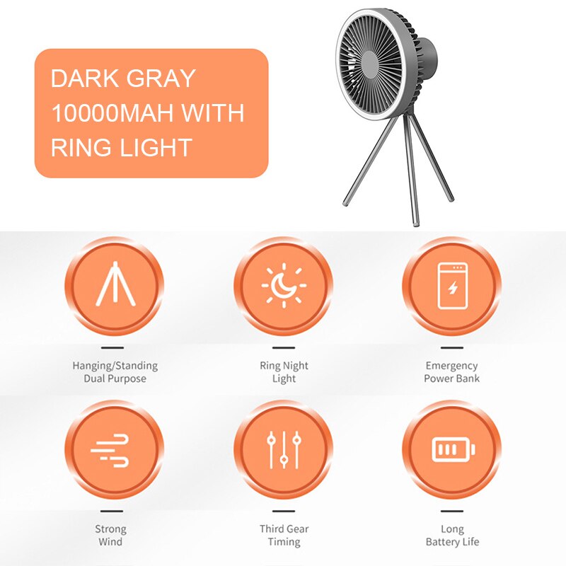 Multifunction Home Appliances USB Chargeable Desk Tripod Stand Air Cooling Fan with Night Light Outdoor Camping Ceiling Fan: 10000mAh Dark Gray