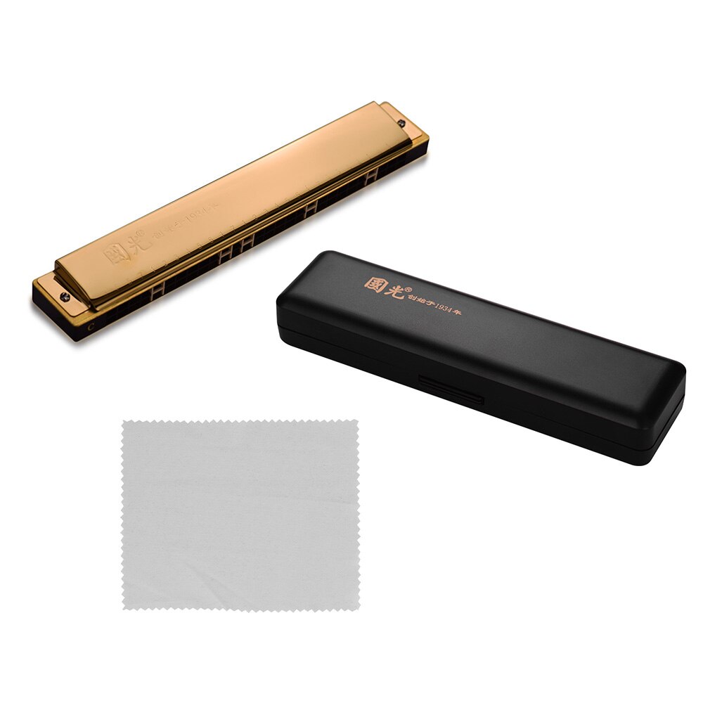 Kleurrijke Mini Harmonica Ketting C Key Harmonica Diatonische 24 hole Harmonica Blues Kids Muziekinstrumenten: Goud