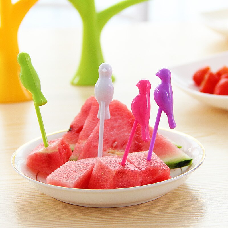 pcs 6 +1 Stand Birds Tree Shape Fruits Fork Plastic Vegetable Fork Fruit Snack Dessert Forks Holder For Party fruit pick forks