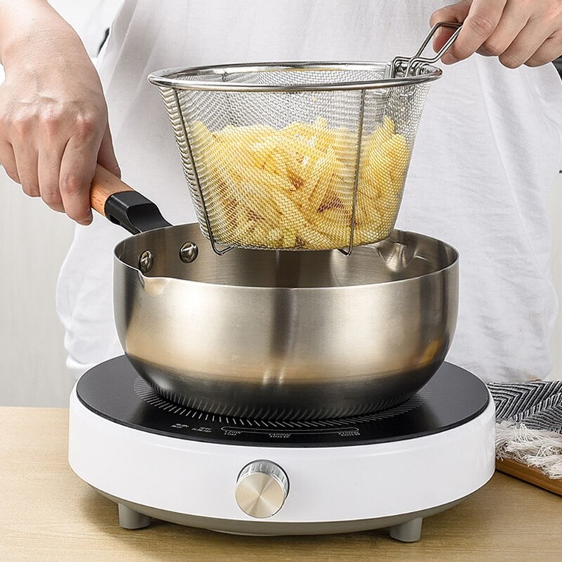 Deep Round Fryer Wire Mesh French Chip Frying Basket 201 Stainless Steel French Fry Serving Strainer Basket with Handle