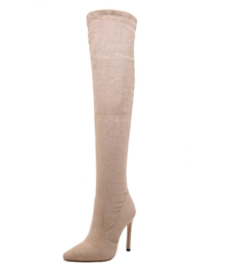 Kvinner støvler vinter over kneet boothigh grade semsket høy hæl slip-on sko spisse tå kvinne lange støvler высокие сапоги: 3 aprikos / 5.5