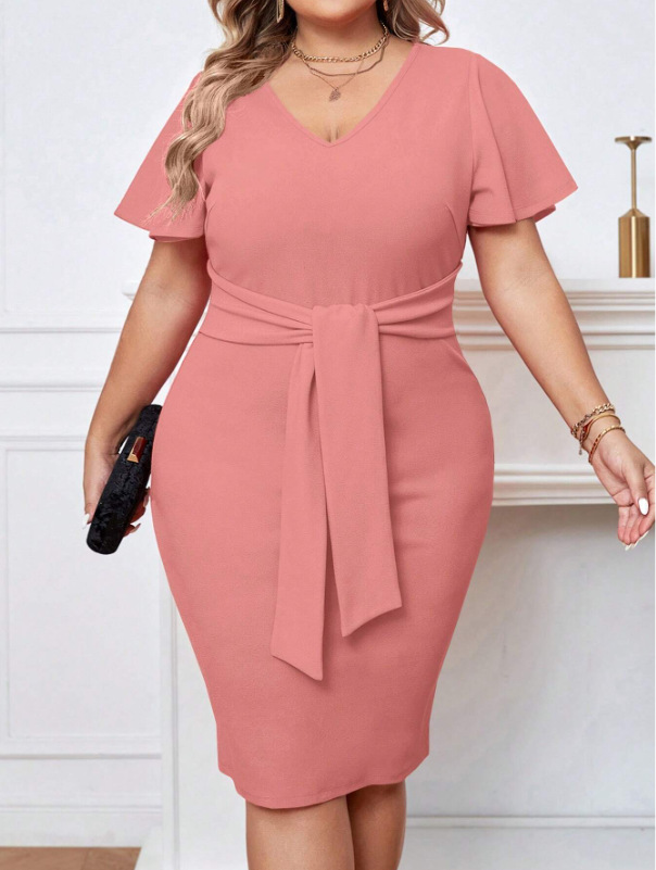 Plus Size Zomer Midi Jurk Vrouwen Roze Elegante Ruche Geplooide Korte Mouw Modis Dames Jurken Slanke Bodycon Vrouw V-hals Jurk: 4XL