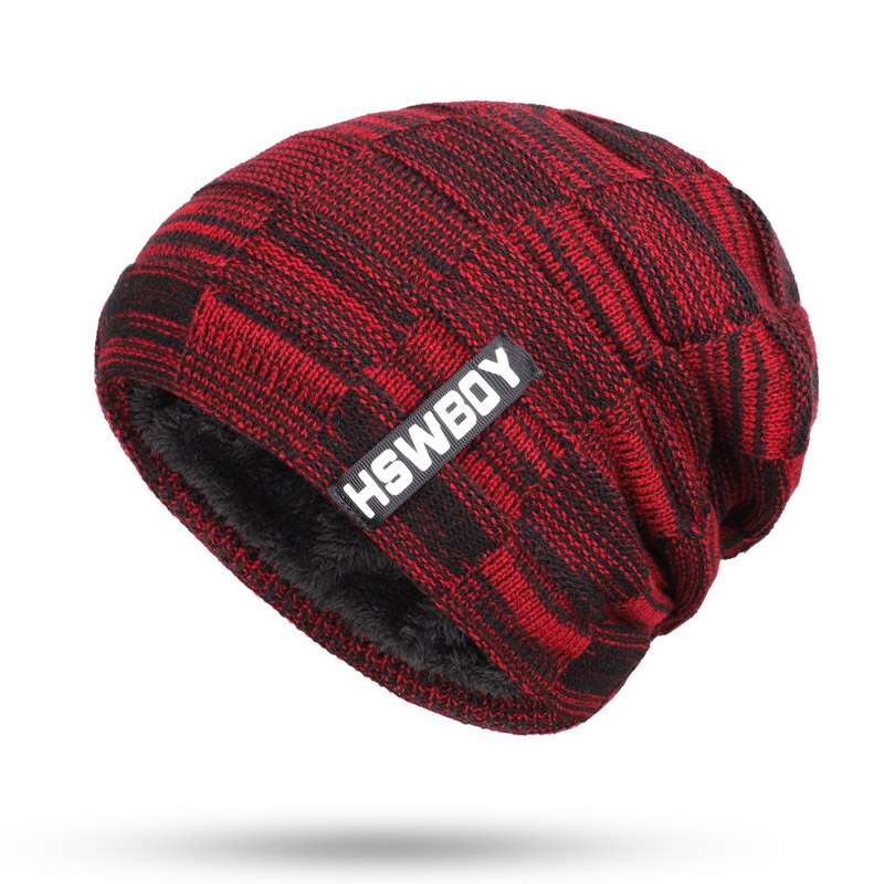 Brand HSWBOY Knit Beanie Hat Winter Striped Plaid Plus Velvet Thicken Hedging Cap Warm Man Male Bone Skullies: wine