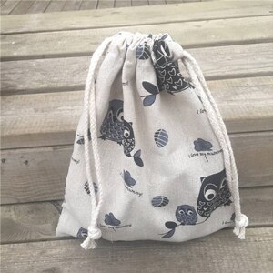 YILE 1pc Cotton Linen Drawstring Party Bag Sorted Pouch Print Black Owls 8927e: M 24x20cm