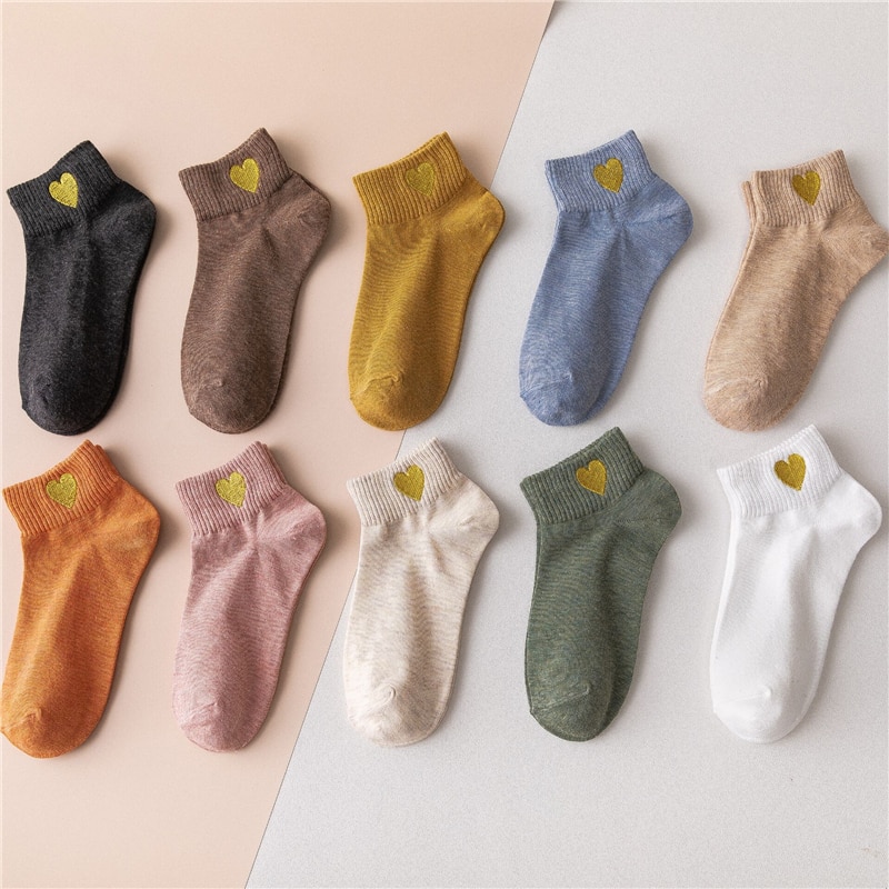 10 paar geborduurde sokken met hartjes voor dames, effen katoen, snoepkleur, harajuku, schattig, casual, studentensokken voor meisjes, korte sokken