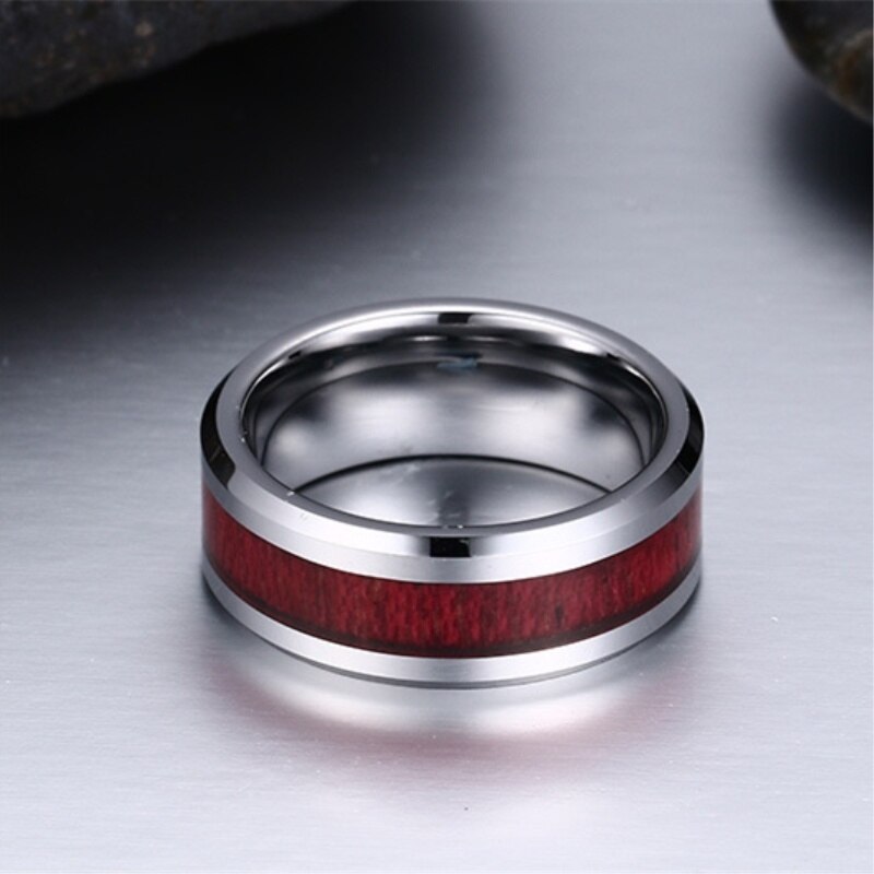 Carofeez par ring smycken 8mm rostfritt stål röd imitation trä män ring kvinnors hjärta zirkon förlovningsring vigselring
