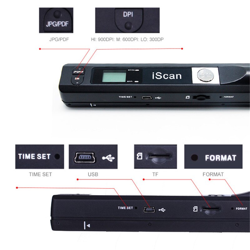 iScan Scanner Portable Document 900 DPI LCD Display wireless USB support card document A4 paper color photo image scan handheld