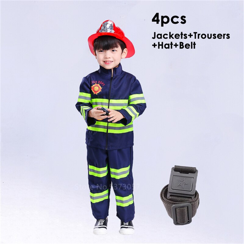 Cosplay de Halloween niños uniforme de bombero niños Sam bombero juego de rol ropa de trabajo traje de niño niña disfraces de de actuación: blue 4PCs / height 160CM