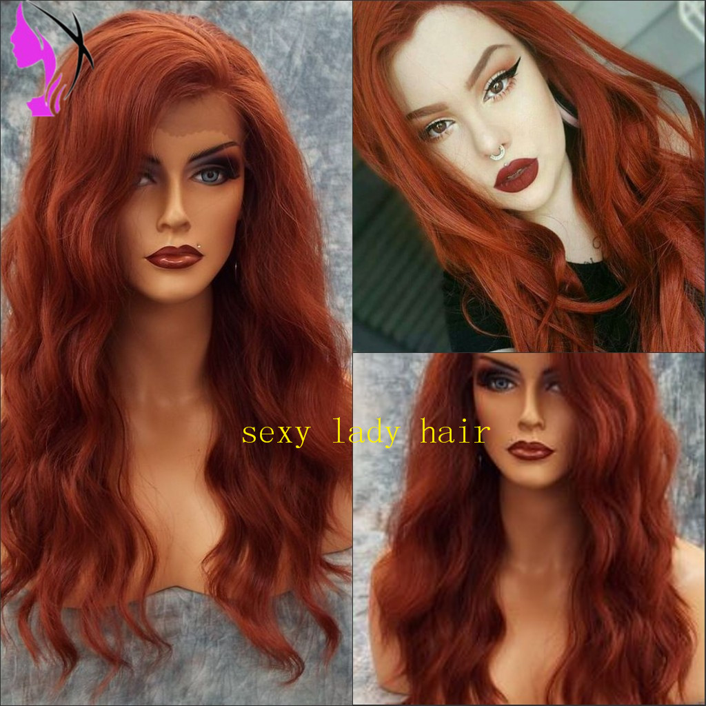 Long Curly Auburn Copper Red Synthetic Lace Front Wig Free Part High Temperature Fiber Hair Deep Wave Wig For Women