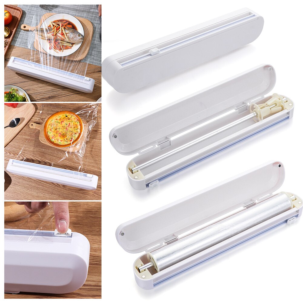 Food Wrap Dispenser Cutter Foil Cling Film Wrap Dispenser Plastic Sharp Cutter Storage Holder Suction Cup Kitchen Tool