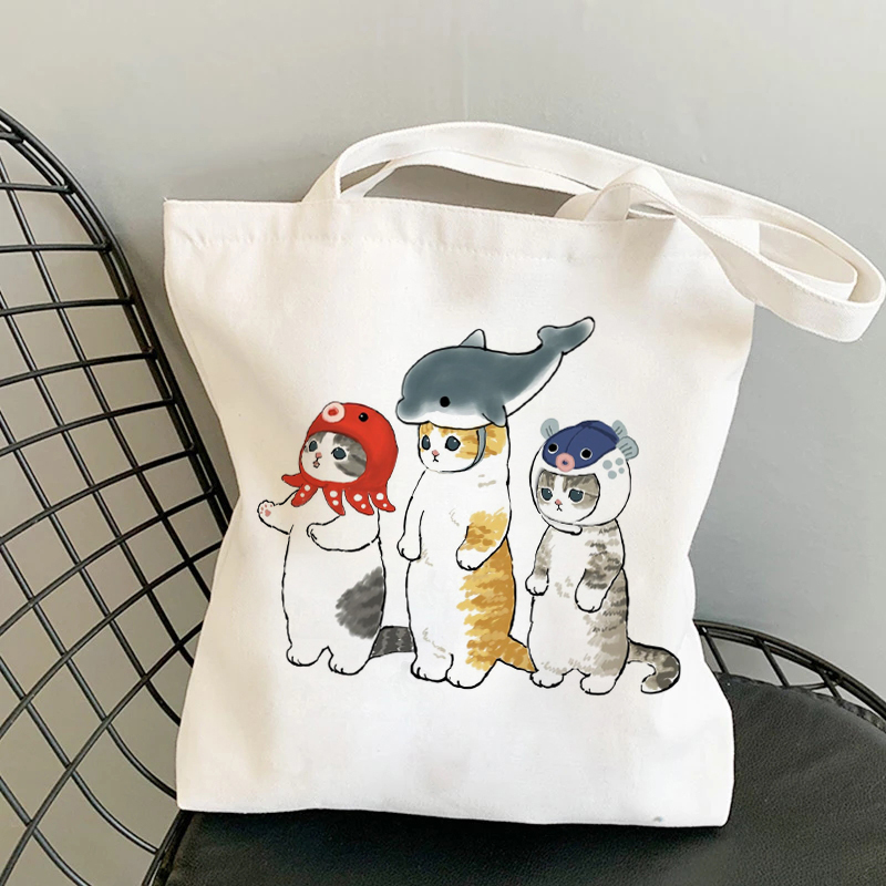 Bolso de mano de Manga con dibujos de gatos Kawaii, bolso de playa, bolsos de compras, bolsos de hombro de lona, bolsos de compras para mujer de alta capacidad