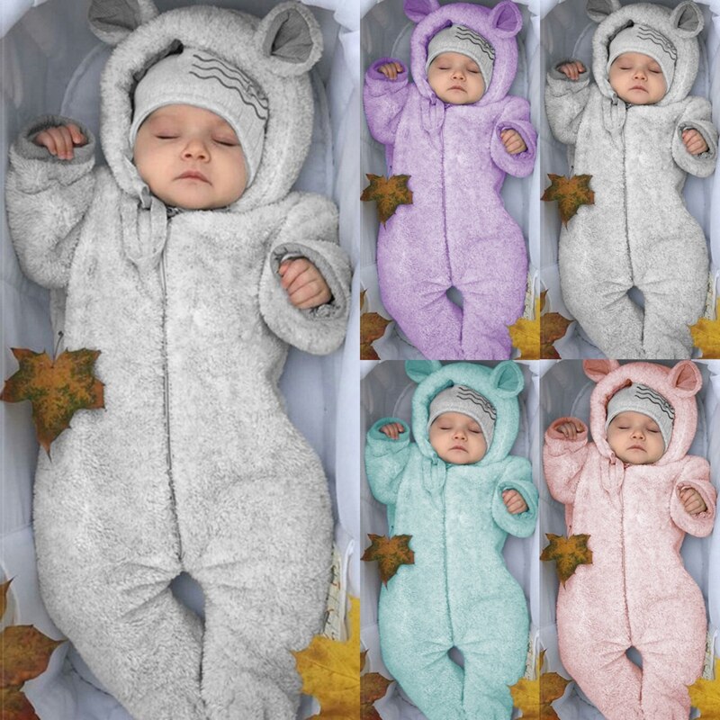 Baby Winter Jumpsuit Mooie Lange Mouwen Fleece Hooded Romper Solid Uitloper Pyjama Stijl Voor Baby Meisjes Jongens 0-2Y