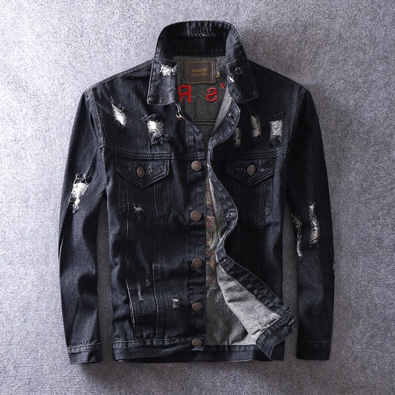 Men Jacket Skull Embroidery Punk Streetwear Style Ripped Denim Jacket Men Coat Rock Hip Hop Jean Jacket Hombre