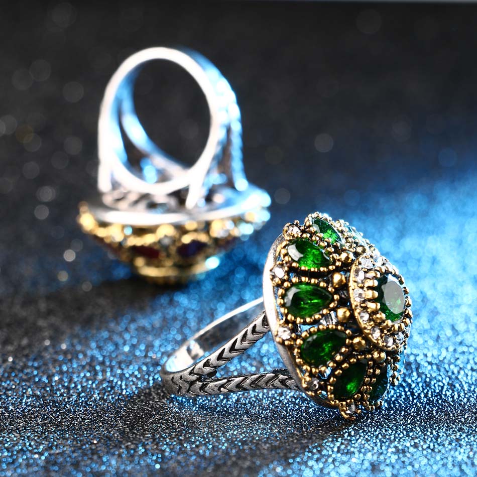 Kinel Heißer Blume Kristall Hochzeit Ringe Für Frauen Jahrgang suchen Runde Farbe Gold Mosaik verrotten Harz Türkei Schmuck