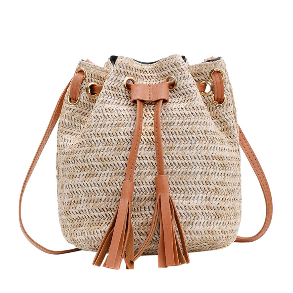 Vrouwen Schoudertas Geweven Rotan Tas Mode Dame Literaire Stro Kwastje Emmer Wilde Schouder Messenger Bags Bolsa Feminina: Bruin