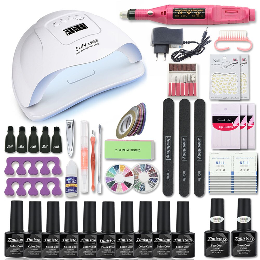 Manicure sæt til søm kit 80w uv lampe tørretumbler søm sæt med søm boremaskine 10 stk negle gel polish soak off manicure værktøjssæt