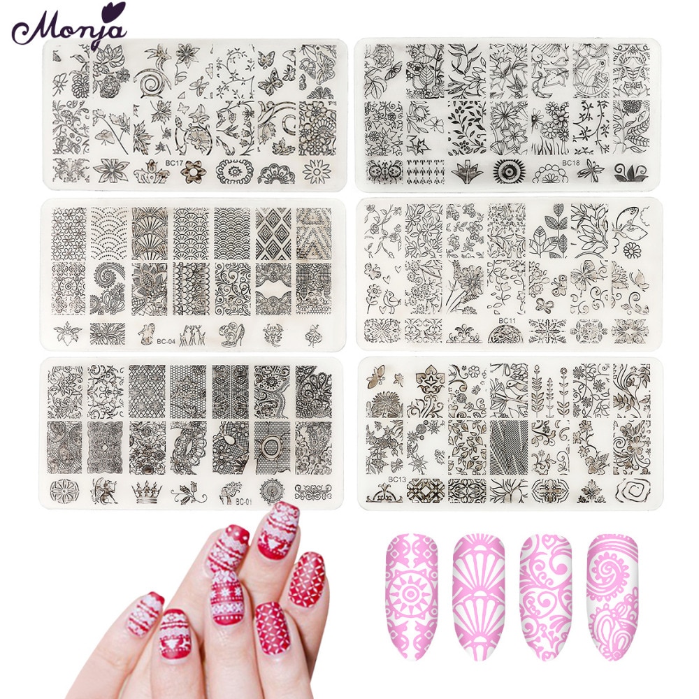 Monja Nail Art Kant Bloem Dier Patroon Image Transfer Clear Stamping Plate Stamp Template Schraper Stencil Manicure Tool