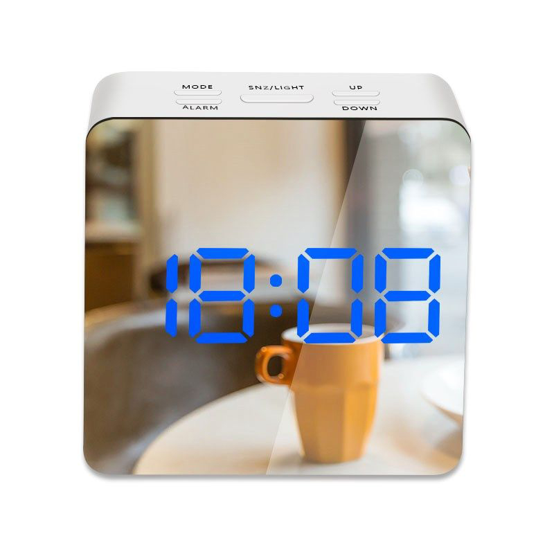 LED Mirror Alarm Clock Digital Table Clock Snooze Night Display Large Time Temperature Display For Home Office Decoration Clock: Square Blue