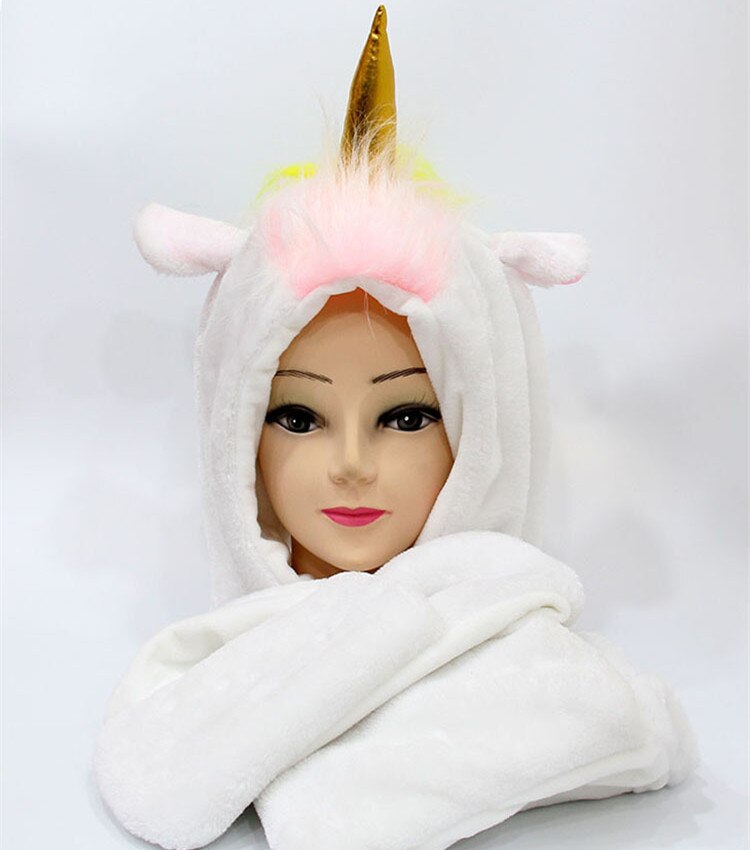SELLWORLDER niñas lindo sombrero 30 cm * 22 cm unicornio bebé invierno cálido bufanda y sombrero y conjunto de guantes