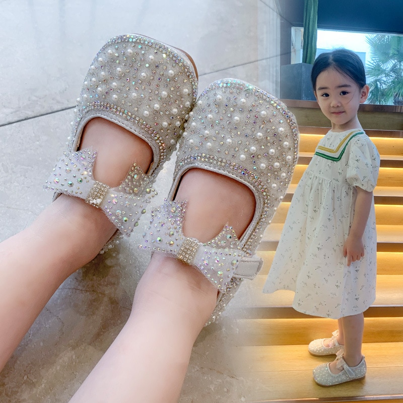 Girl's Princess Shoes Children's Bow Rhinestone Leather Kids Shoe 2022 Baby Girls Party Student Flat Shoes E584