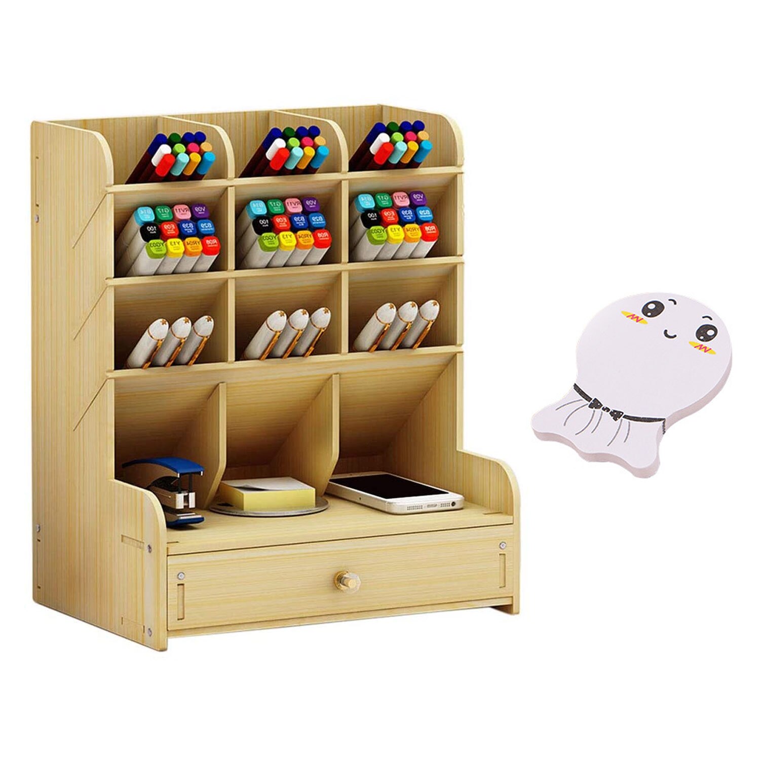 Organizador de Mesa de madeira DIY Caixa Rack de Armazenamento com Gaveta de Lápis Caneta Titular bloco de Notas para o Escritório Da Escola Para Casa e Jardim: White