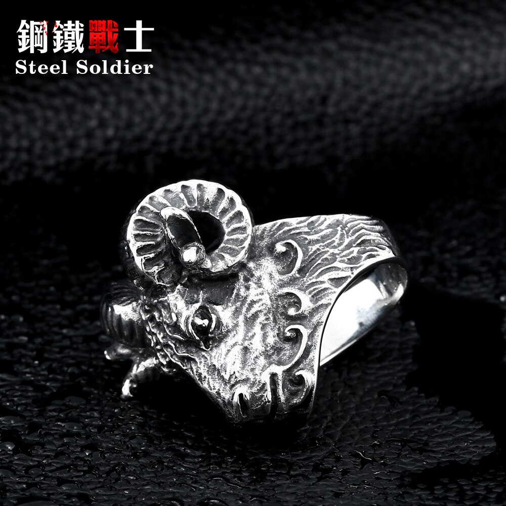 Stalen soldaat, enorme tibetaanse antilope ring, cool dier, roestvrijstalen sieraden, ring, punk, unieke heavy metal sieraden