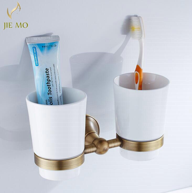 Portavasos y vaso antiguos de latón, soporte para cepillo de dientes antiguo con tazas dobles de cerámica, accesorios de baño, hardware de baño
