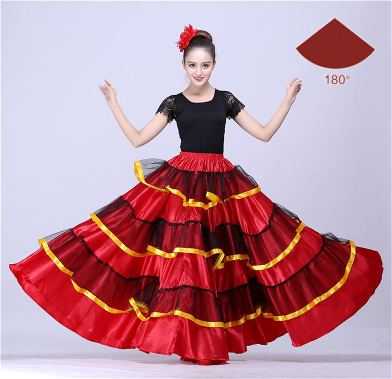 Jupe Flamenco espagnole pour femmes, robe de danse, Costumes, spectacle sur scène, fête, rouge, vêtements féminins: Style C 180 degree