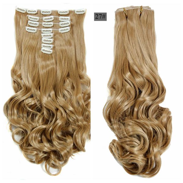 Luksus til fletning 50cm fremhævede farve syntetiske clips ins hårstykker bølget syntetisk clip on hair extensions 50cm 8 stk/sæt: #27