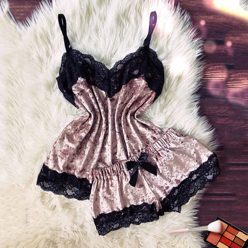 Sommarpyjamas kvinnor sammet rosett sovplagg ärmlös rem nattplagg spetskant cami topp pyjamas set femme sexiga underkläder