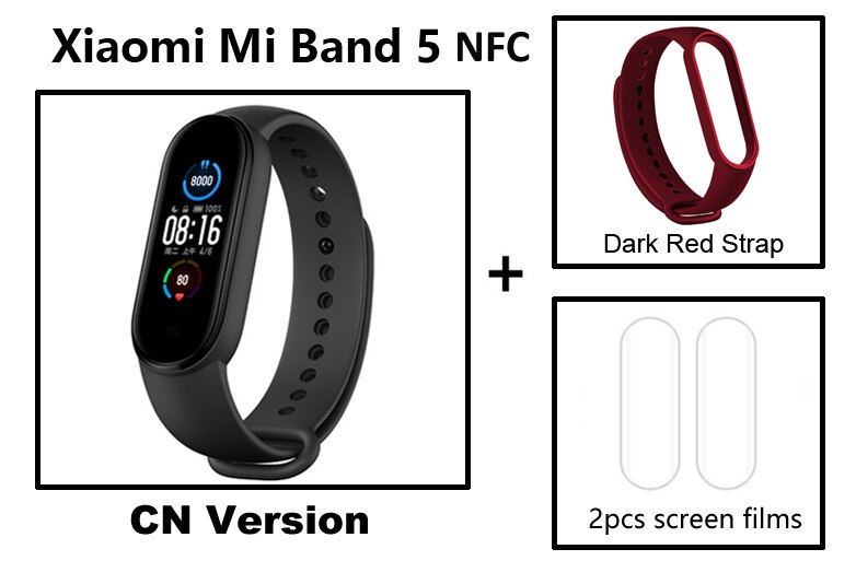 Xiaomi-pulsera inteligente Mi Band 5 Original, reloj con Pantalla AMOLED, control del ritmo cardíaco, Bluetooth, NFC: Darkred strap film