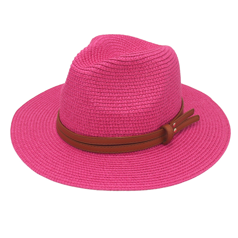 Chapeau d'été en paille pour femmes et hommes, à large bord, solide, Panama, pour la plage, décontracté, fait à la main, Protection UV: rose red