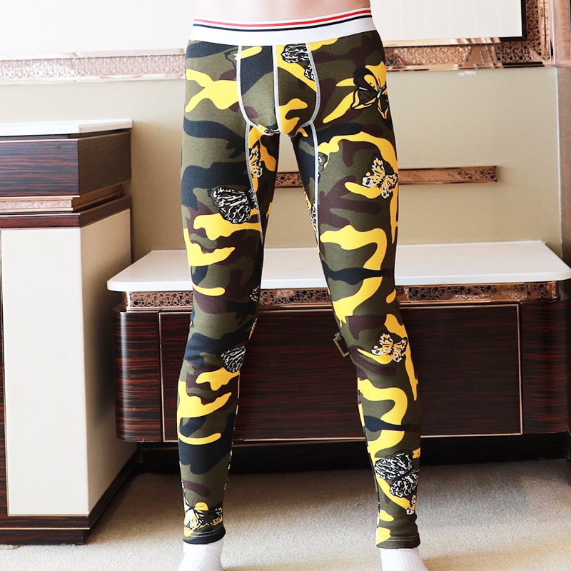 Herre leggings vinter varme tykt termisk undertøj varme bukser lange johns vintertøj mænd ropa termica hombre: Gul sommerfugl / L