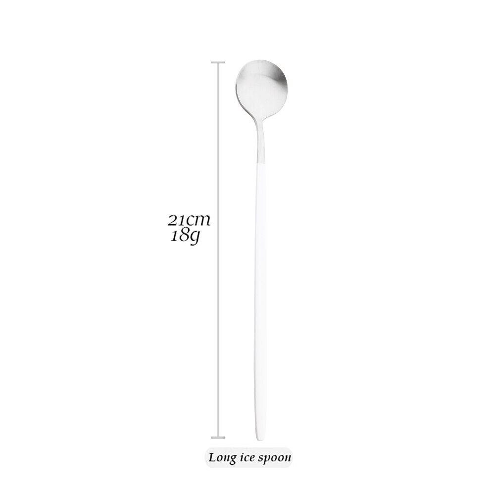 Drmfiy White Silver Dinnerware Set Western Matte Cutlery Stainless Steel Kitchen Tableware Fork Spoons Silverware Flatware Set: 1Pcs Long Ice Spoon