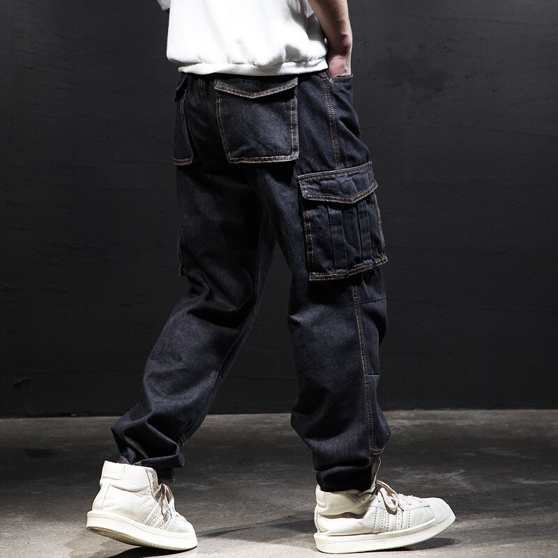 Idopy Men`s Cargo Jeans Hip Hop Street Style Loose Fit Multi Pockets Plus Size Denim Pants Trousers For Hipster 29-42