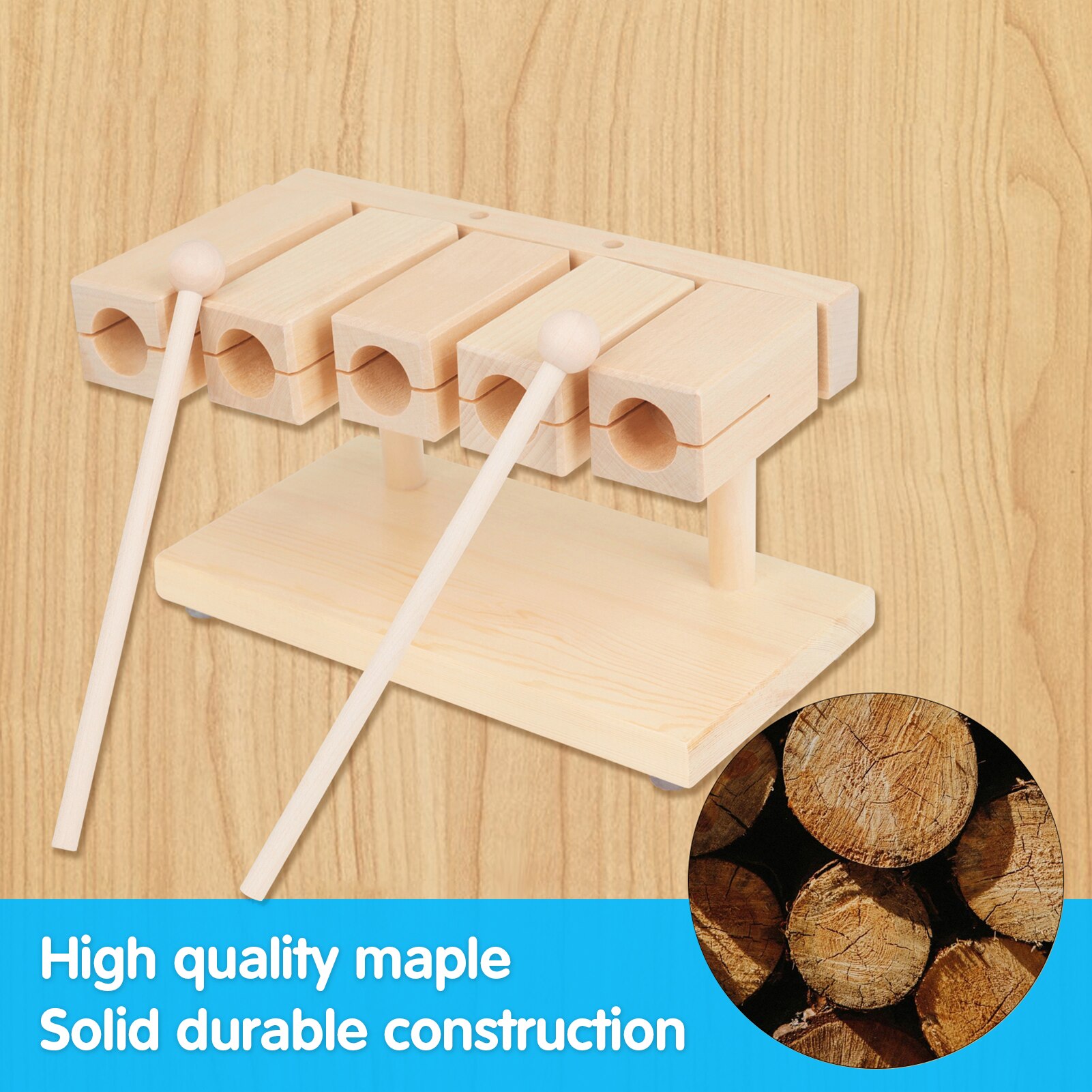 Bloque de percusión de madera, instrumento Musical de 5 tonos de arce sólido con mazo para Yoga, educación preescolar