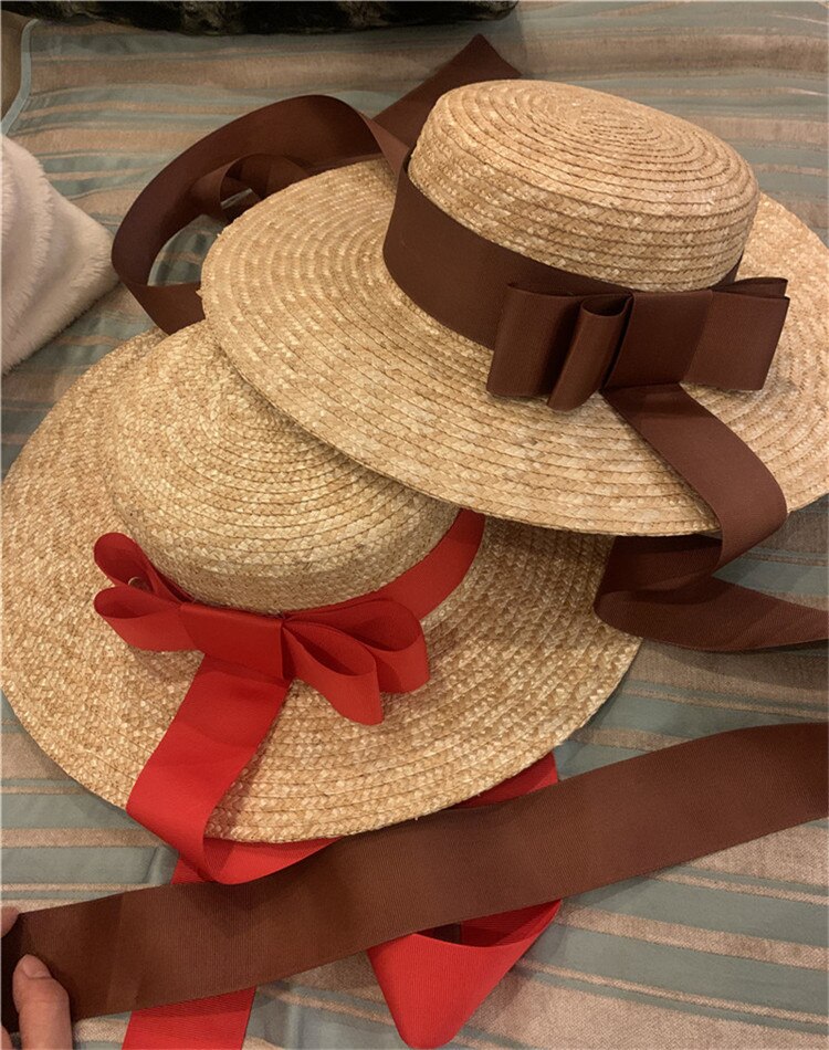 Sombrero de paja con lazo hecho a mano para mujer, gorro largo con lazo para playa, vacaciones, ocio, 01905