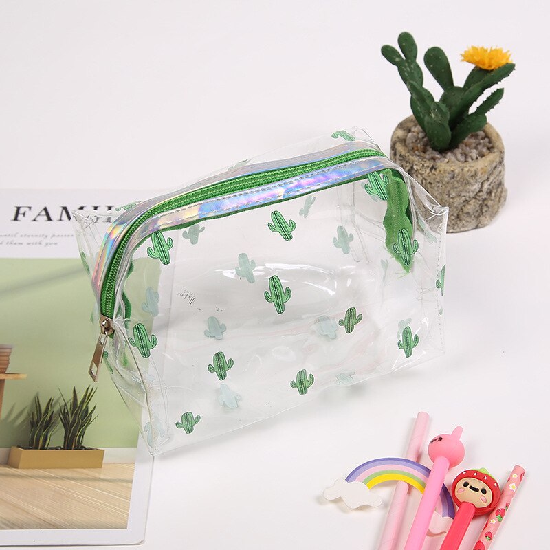 Nueva Bolsa transparente de PVC para almacenamiento de Cactus, estuche impermeable para maquillaje, neceseres florales, bolsas de viaje, organizador para artículos de tocador de unicornio: green