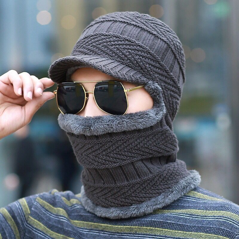 Fortykkelse strikket uldhue mænd vinter hat holde varm motorhjelm balaclava ansigtsmaske hatte kvinder beanie dobbelt brug hat & tørklæde: Grå
