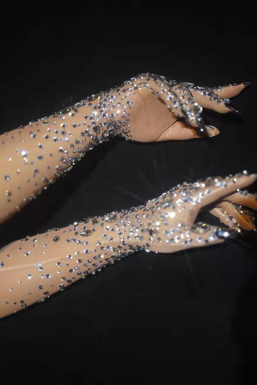 Stretch Rhinestone Gloves Women Sparkling Crystal Mesh Perspective Long Gloves Nightclub Dancer Singer Stage wear