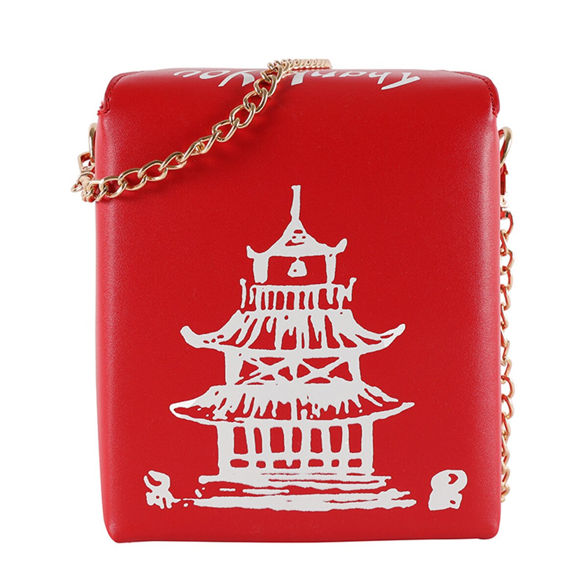 Women Ladies Creativity Leather Crossbody Bag Chinese Take-Out Box Shape Tower Print Shoulder Bag with Chain Strap: Red