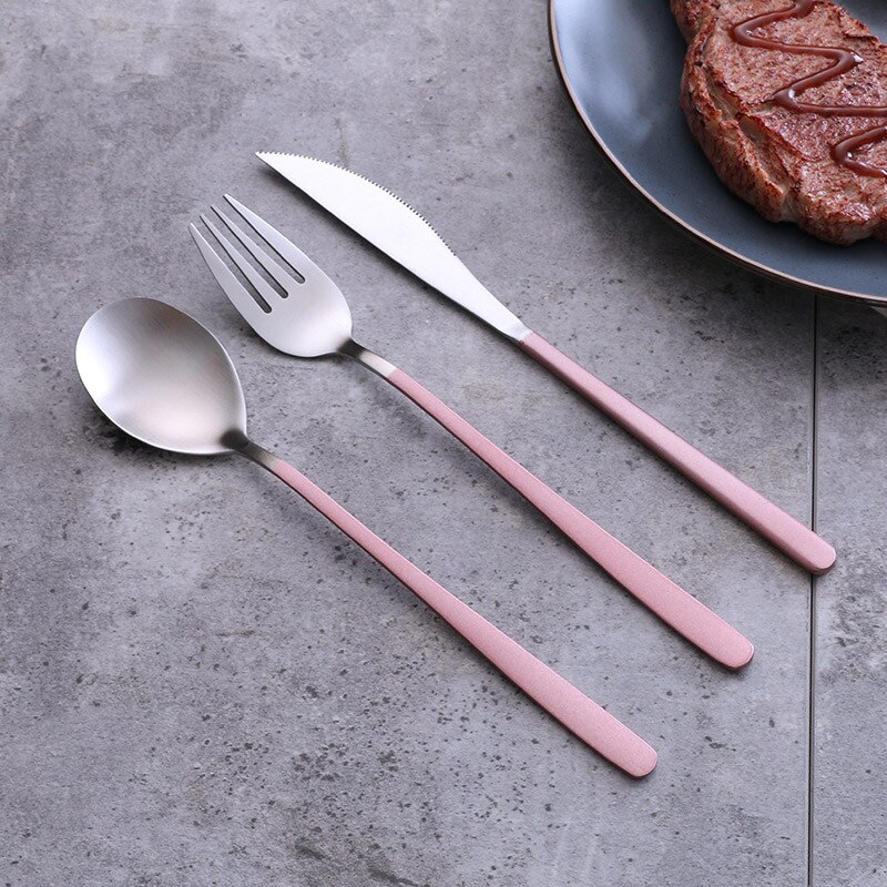 Couverts occidentaux en acier inoxydable vaisselle cuillère fourchette couteau pour Spaghetti Steak salade nourriture photographie tir ornement accessoires: Silver Pink 3pcs