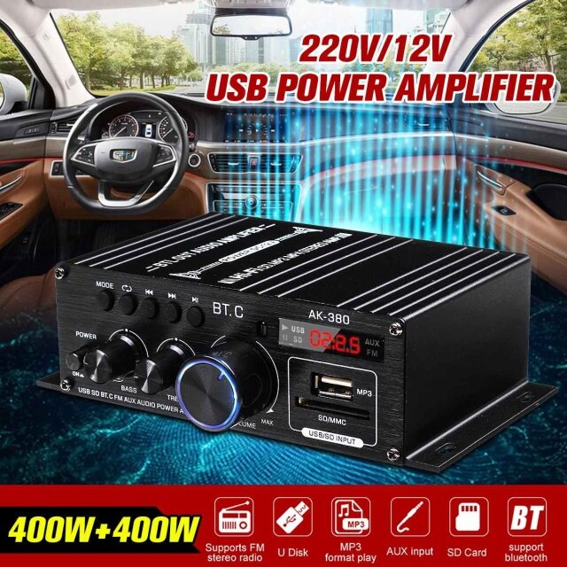 800W 2 Channel HiFi Power Amplifier Audio Karaoke Home Theater Amplifier Bluetooth Class D Amplifier BASS Music Player FM Radio: AK380