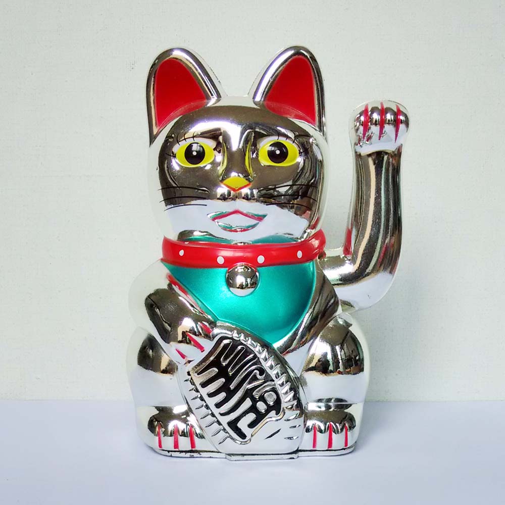 Chinese Feng Shui Beckoning Cat Wealth White Waving Fortune/ Lucky Cat 6"H Gold Silver Best for Good Luck Kitty Decor: Silver